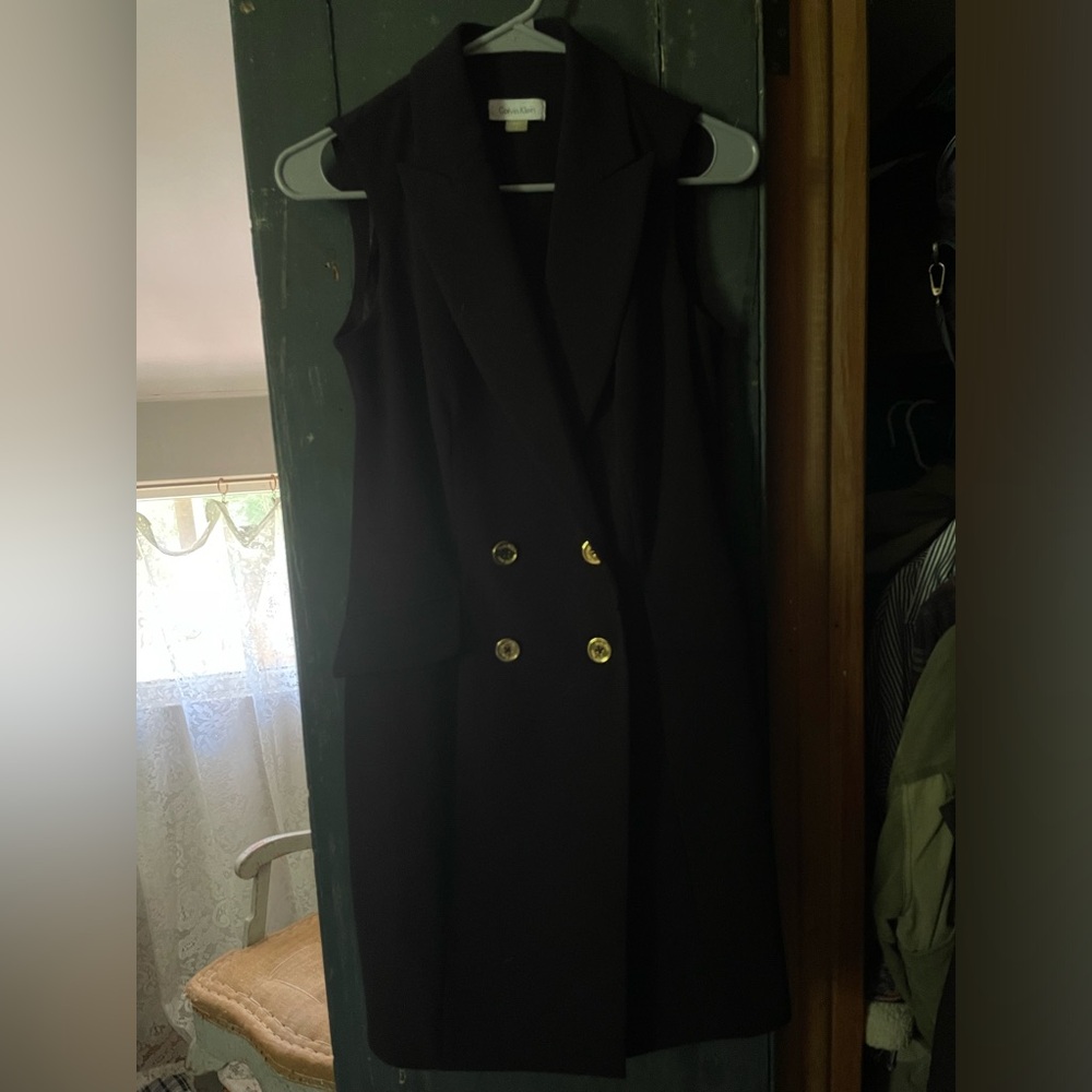 Calvin Klein Black sleeveless collared Blazer mini dress size 2 gold buttons